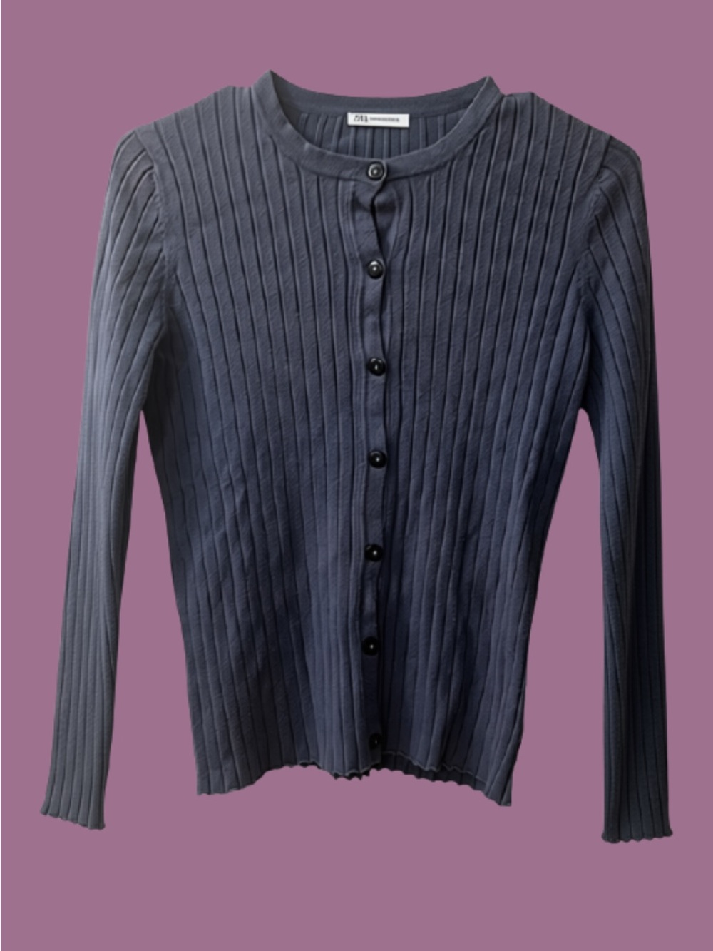 DOT 1 Dusty Blue-Grey Ribbed Cardigan Lettuce-Hem $32 SIZE SMALL